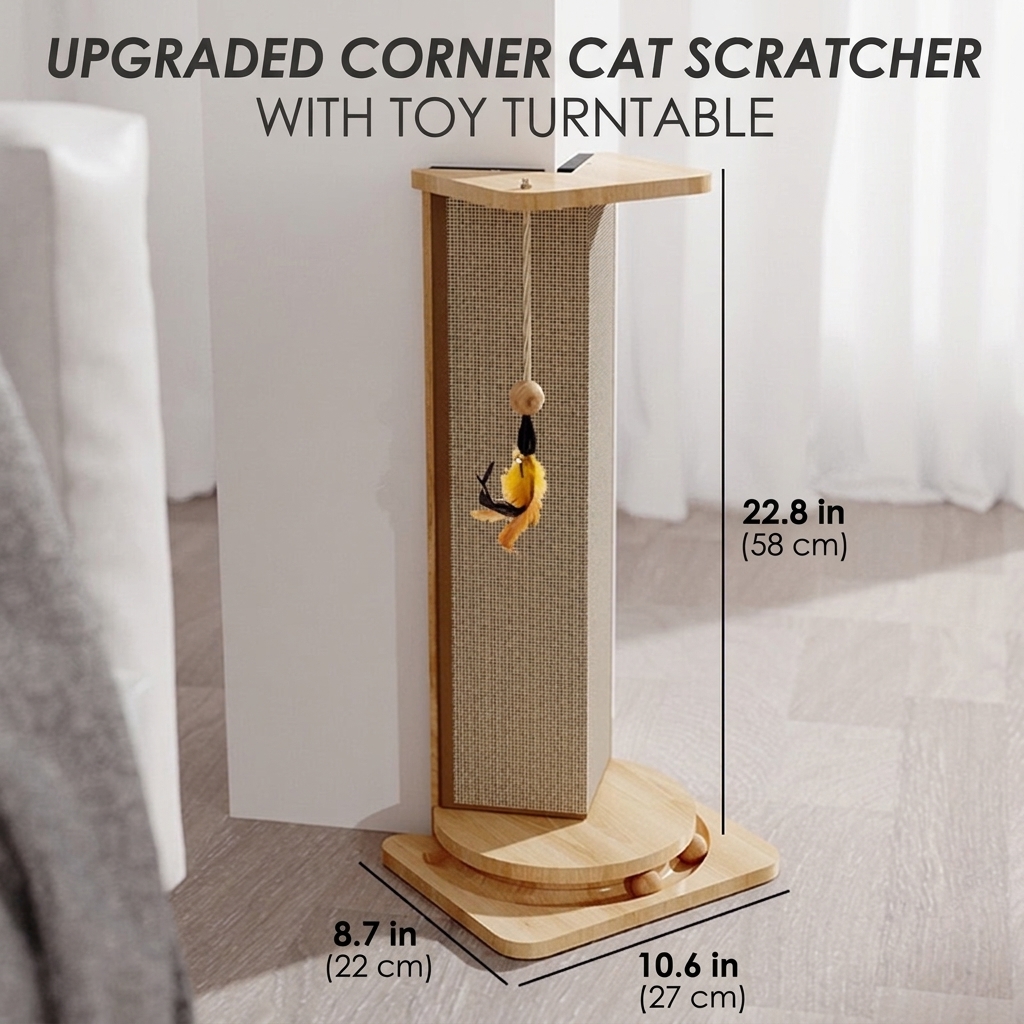 Wooden Sisal Cat Scratcher for Sofa Corners – Vertical Scratching Post with Feather Toy
