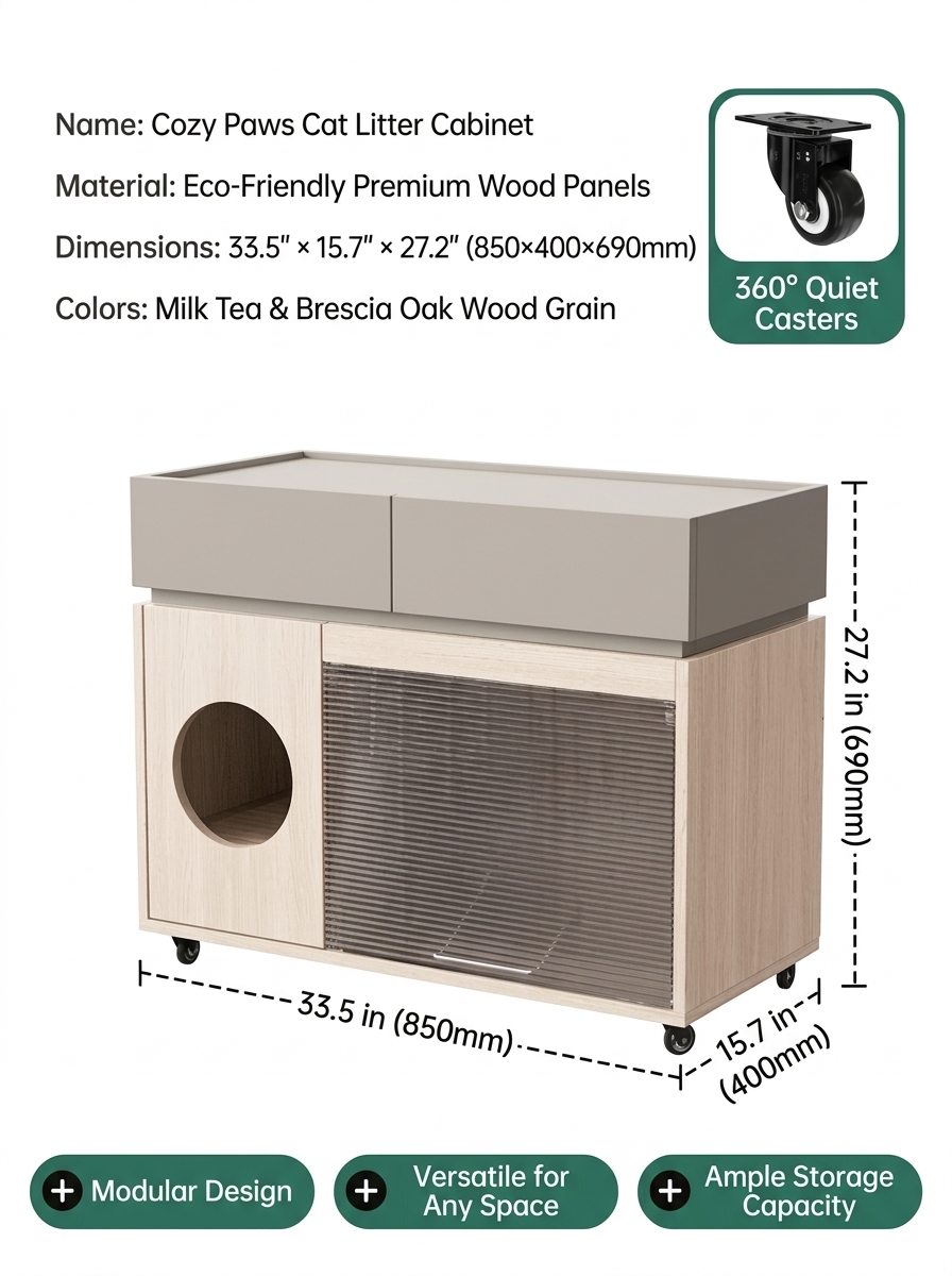 Modern Italian Style Cat Litter Box Cabinet | Hidden Cat Litter Furniture Side Table with Storage