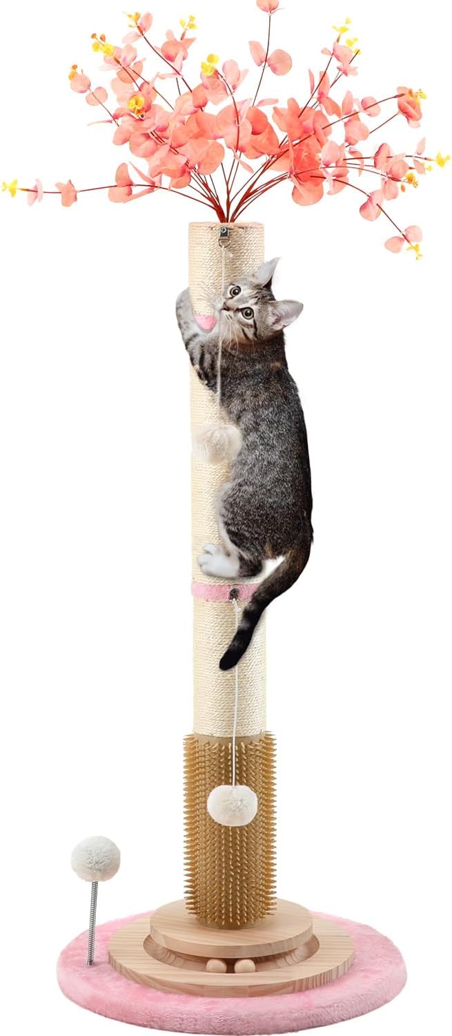 45'' Tall Sisal Cat Tree Scratching Post with Interactive Ball and Rotating Ball Self Groomer Brush