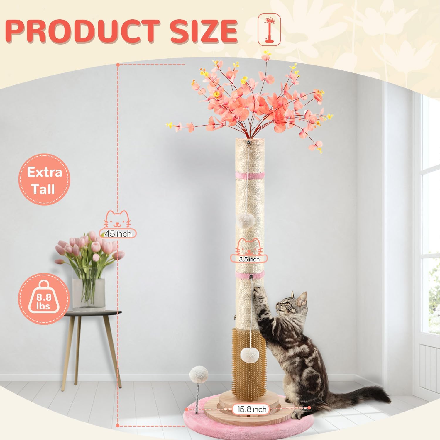 45'' Tall Sisal Cat Tree Scratching Post with Interactive Ball and Rotating Ball Self Groomer Brush