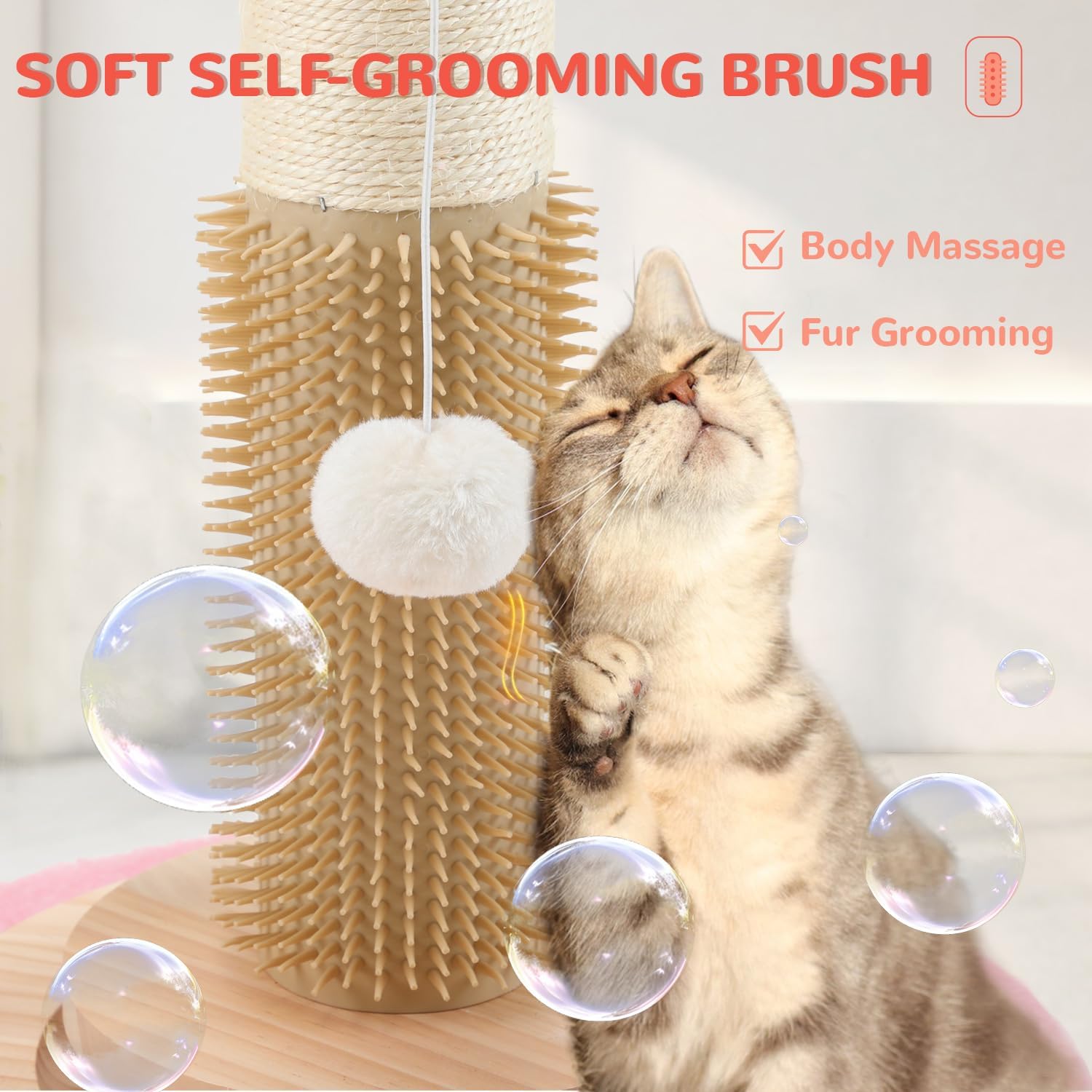45'' Tall Sisal Cat Tree Scratching Post with Interactive Ball and Rotating Ball Self Groomer Brush
