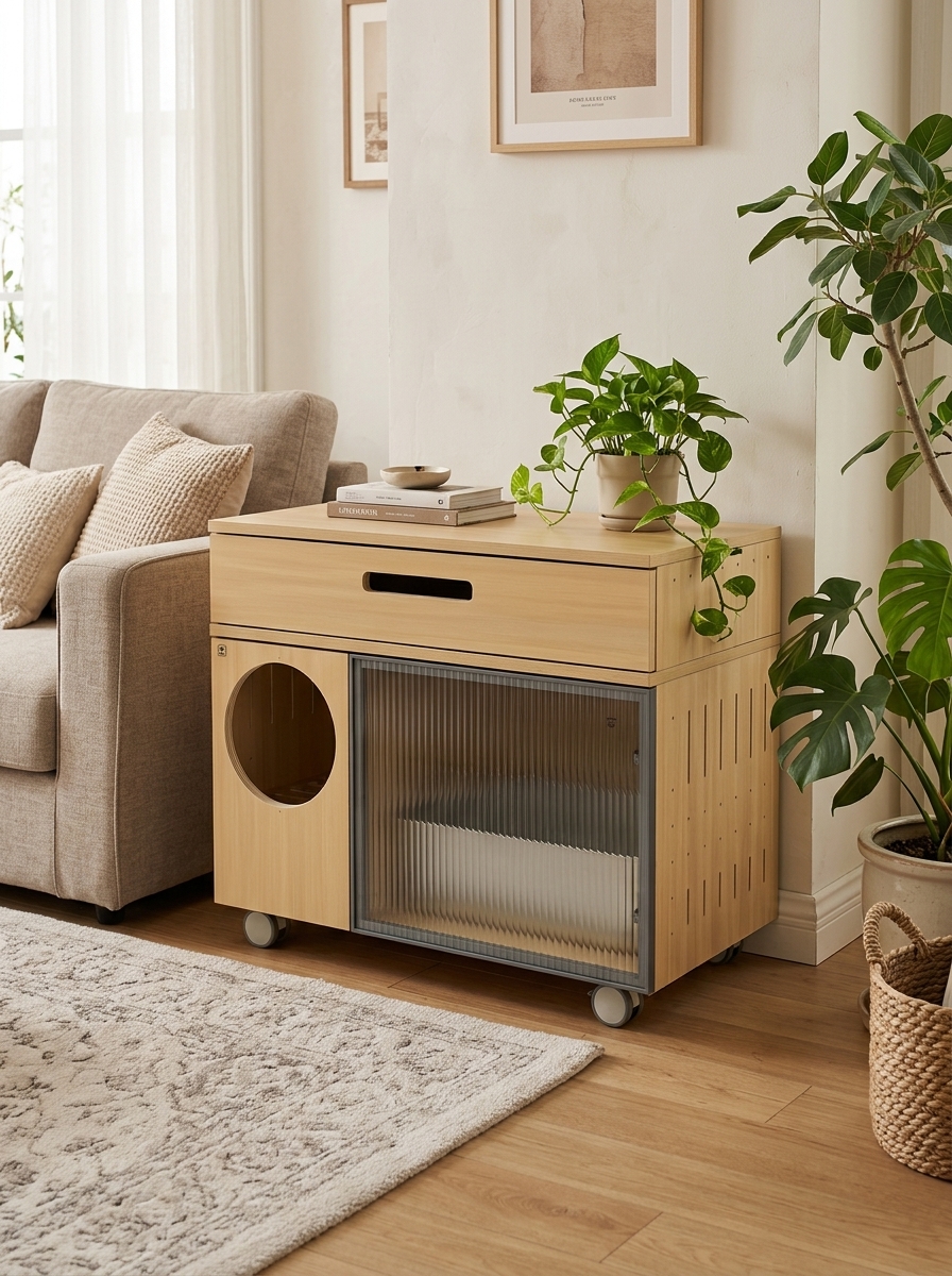 Modern Cat Litter Box Cabinet | Hidden Cat Litter Furniture with Storage Space