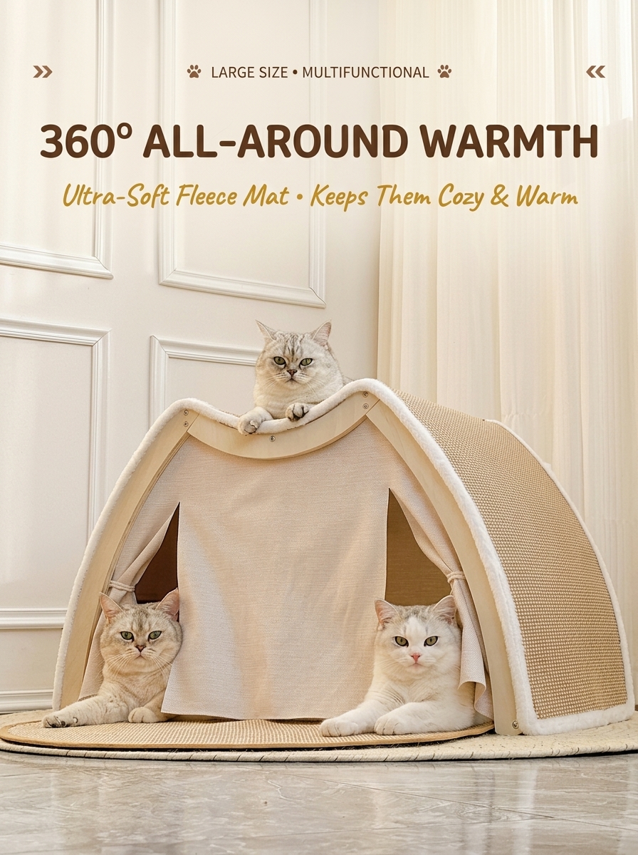 Modern Wooden Pet Tent Cave & Natural Sisal Scratcher – All-Season Enclosed Cat House & Indoor Hideaway