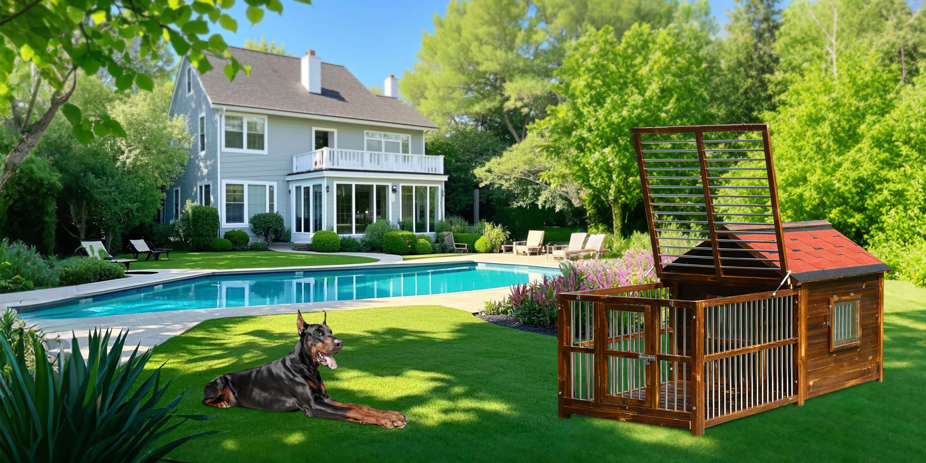 Luxury Solid Wooden Dog House with Fence