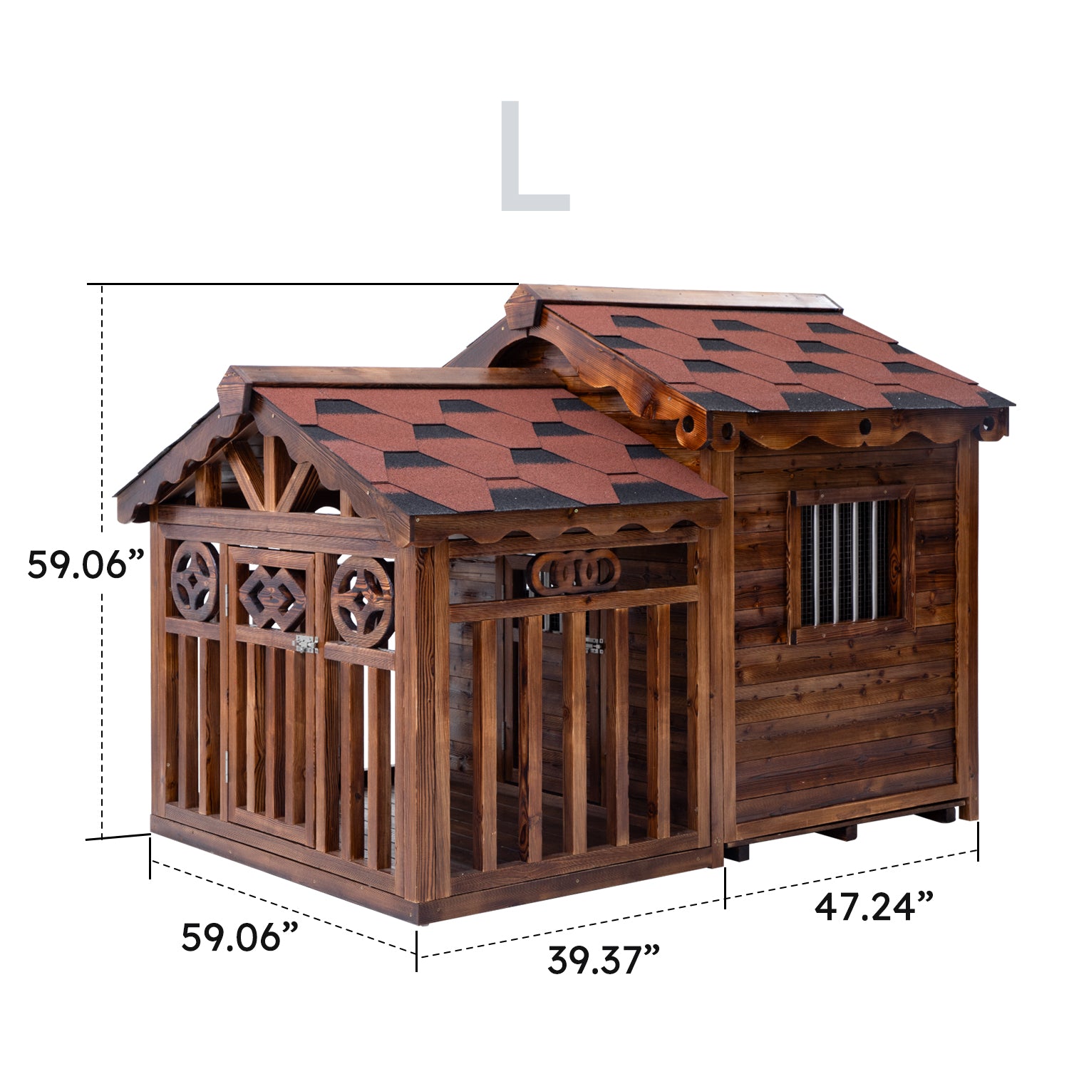 Solid Wood Outdoor Dog House with Patio Cage
