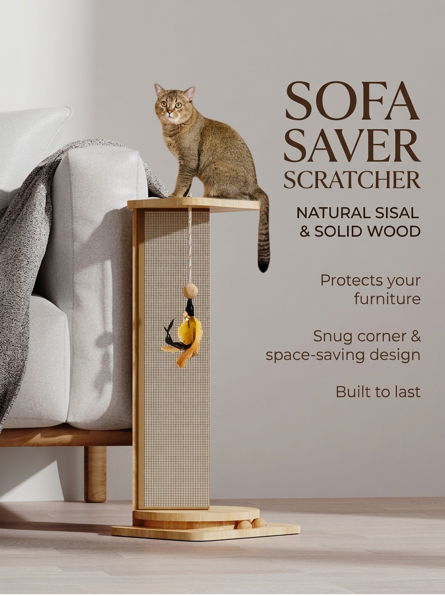 Wooden Sisal Cat Scratcher for Sofa Corners – Vertical Scratching Post with Feather Toy
