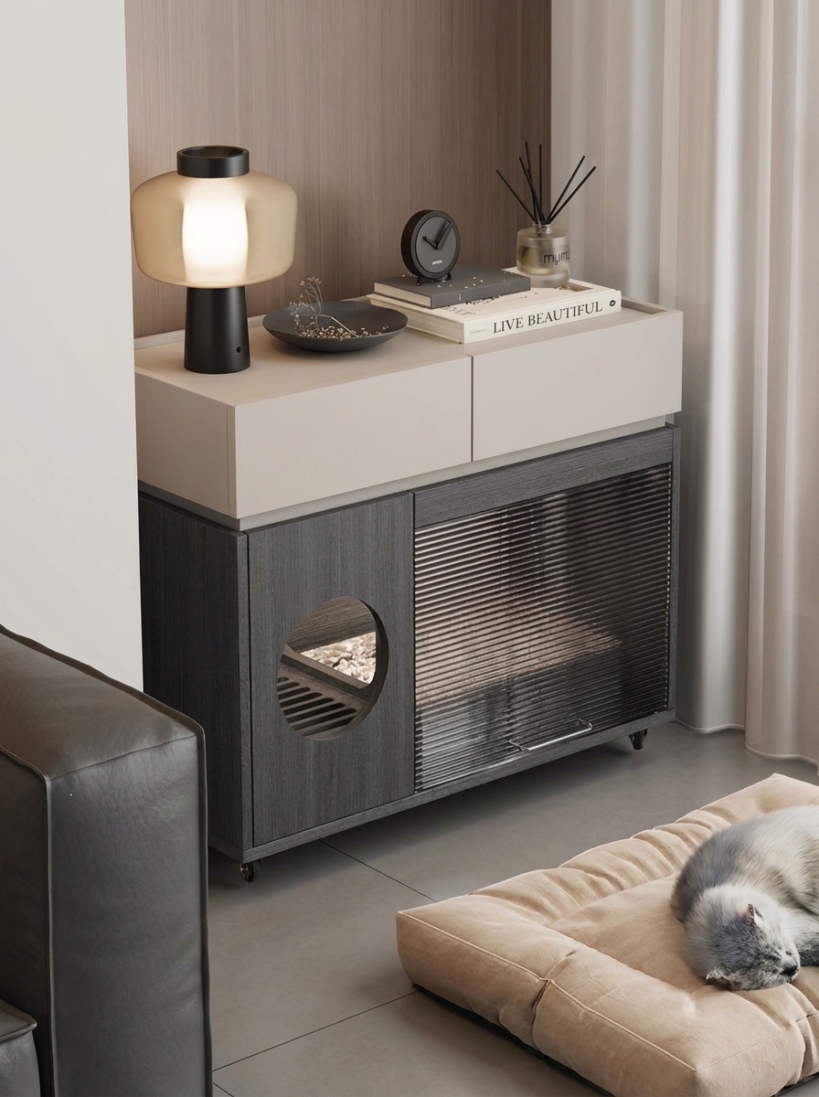 Modern Italian Style Cat Litter Box Cabinet | Hidden Cat Litter Furniture Side Table with Storage