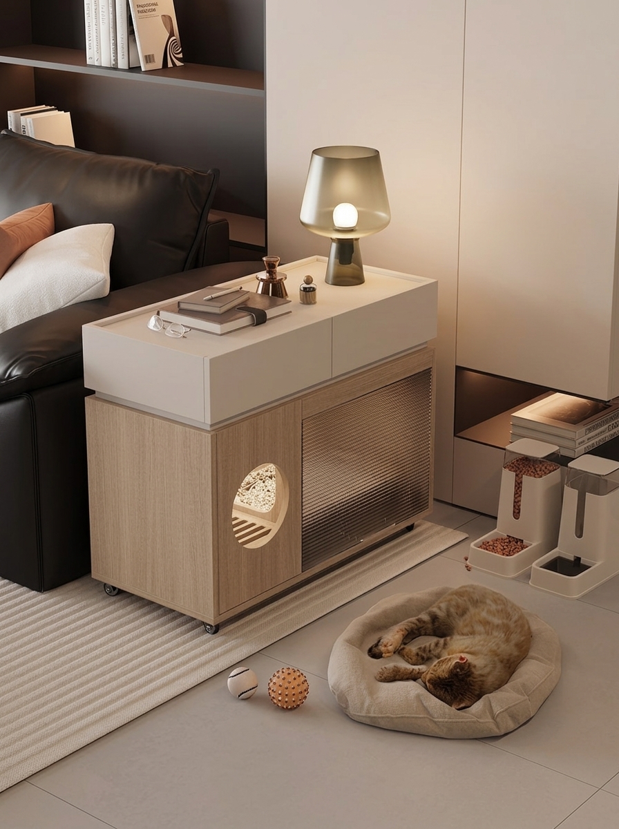Modern Italian Style Cat Litter Box Cabinet | Hidden Cat Litter Furniture Side Table with Storage