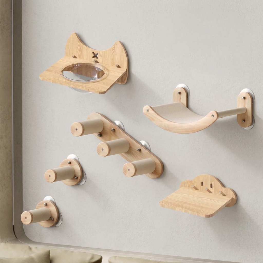 Wall Mounted Wooden Cat Tree with Suction Cup