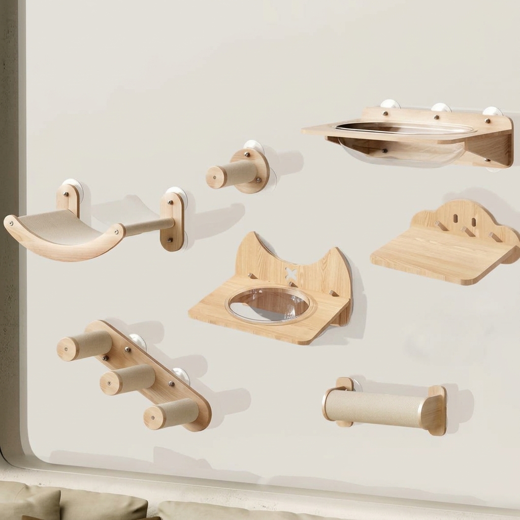 Wall Mounted Wooden Cat Tree with Suction Cup