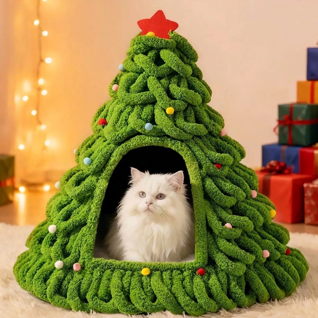 Christmas Tree Felt Cat Cave Bed Cat Christmas Tree– Cozy Enclosed Cat House for Winter