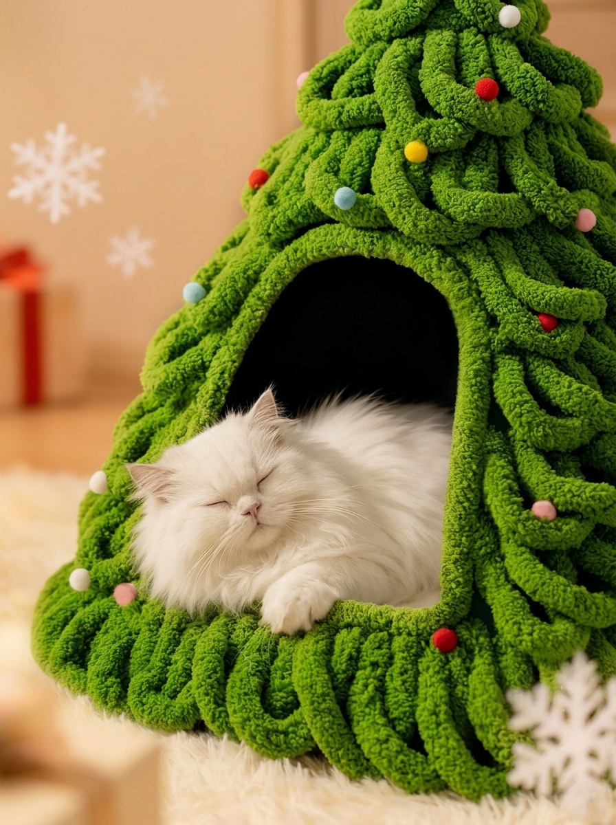 Christmas Tree Felt Cat Cave Bed Cat Christmas Tree– Cozy Enclosed Cat House for Winter