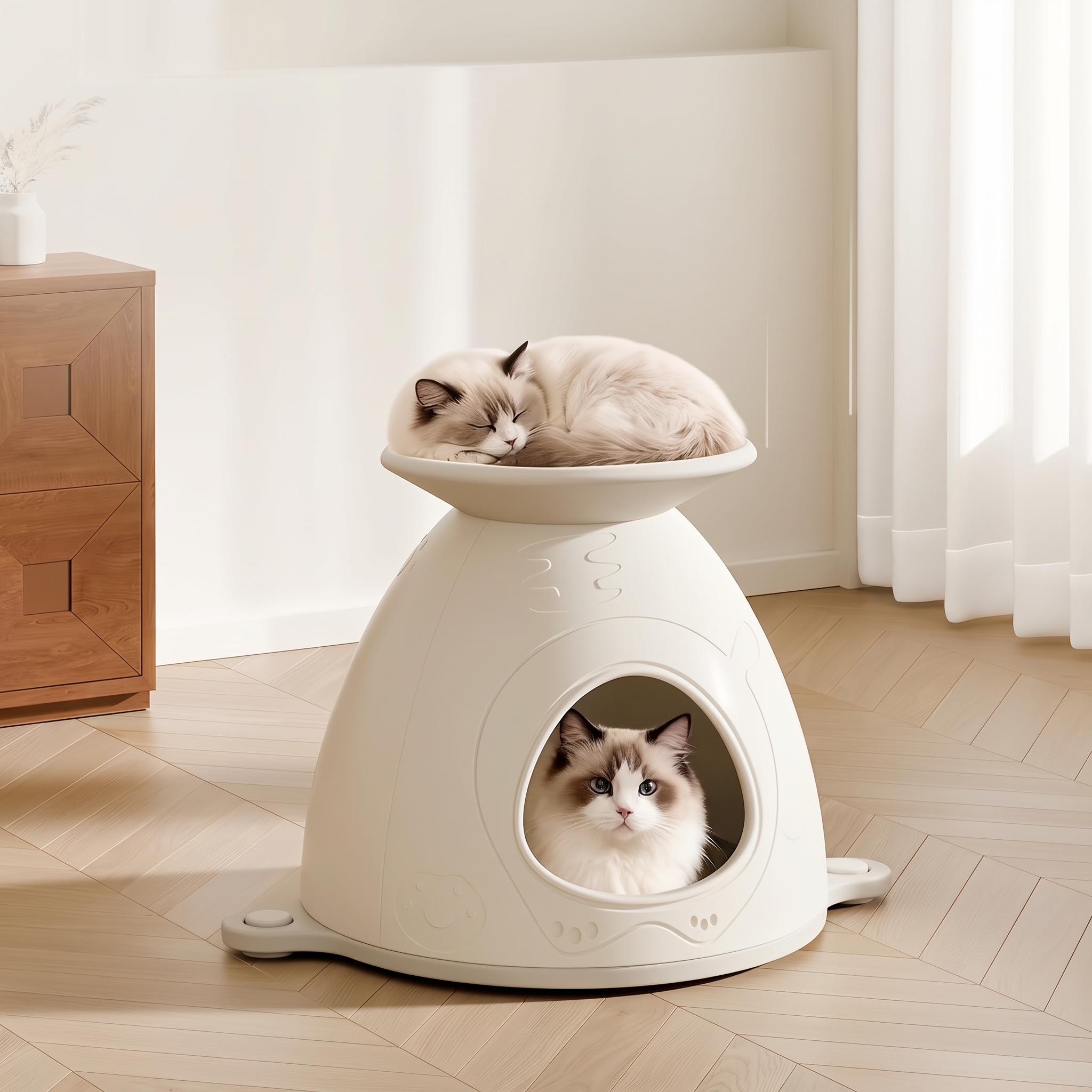 2-Tier Cat Bed with Semi-Enclosed Hideaway