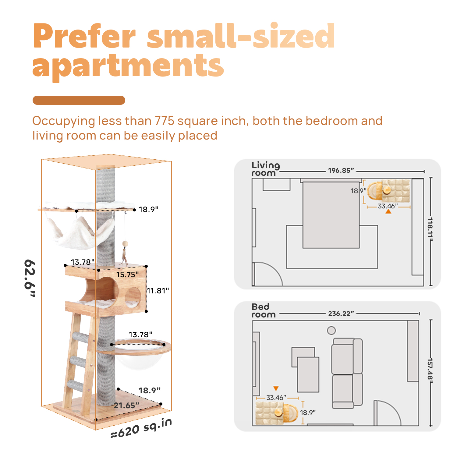 62" H Pure Solid Wood Multi-Nest Cat Climbing Frame with Toys