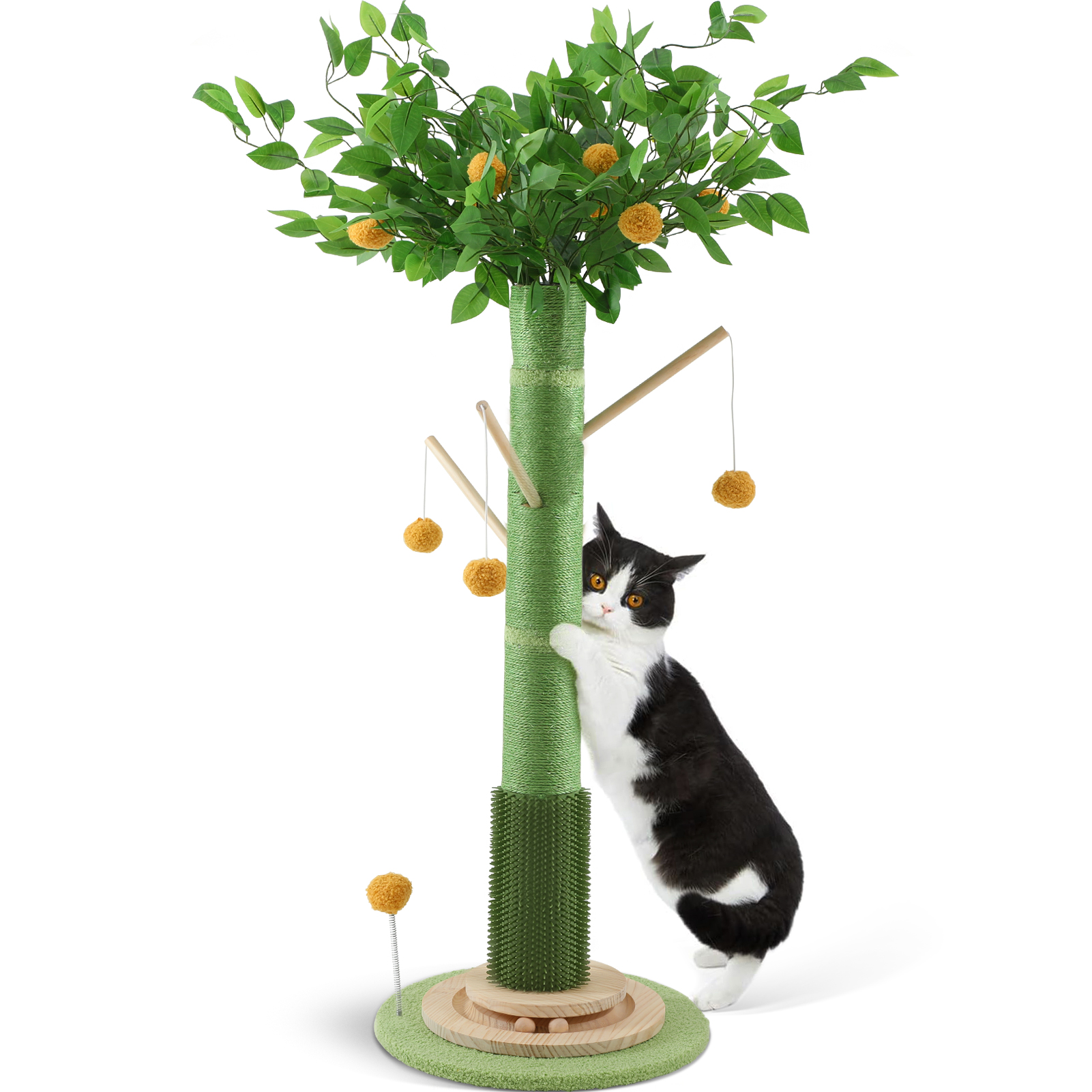 45'' Tall Sisal Cat Tree Scratching Post with Interactive Ball and Rotating Ball Self Groomer Brush