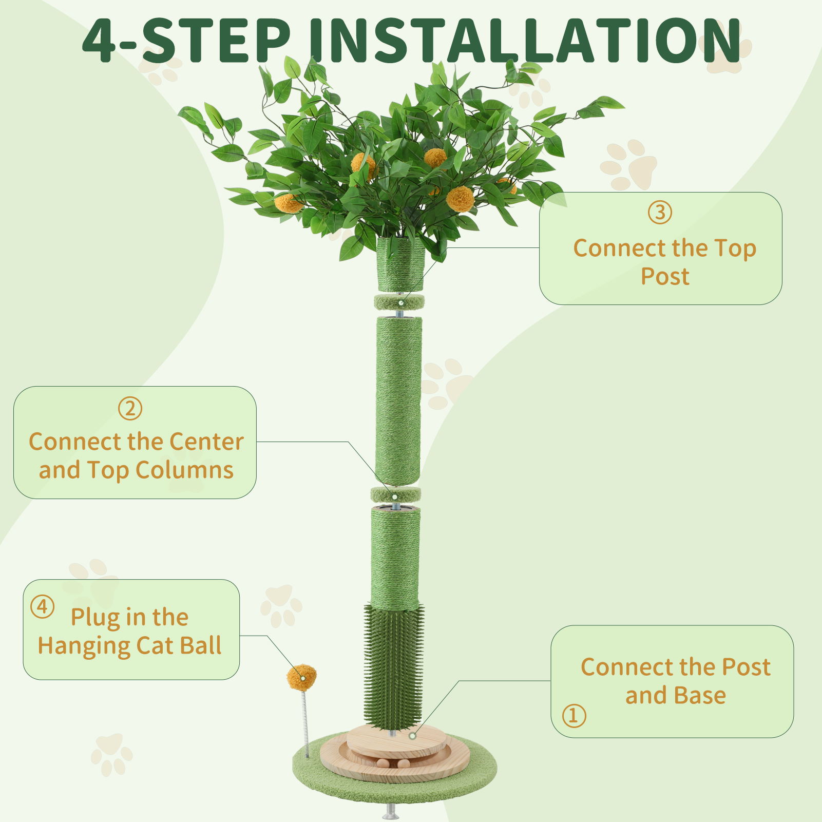 45'' Tall Sisal Cat Tree Scratching Post with Interactive Ball and Rotating Ball Self Groomer Brush