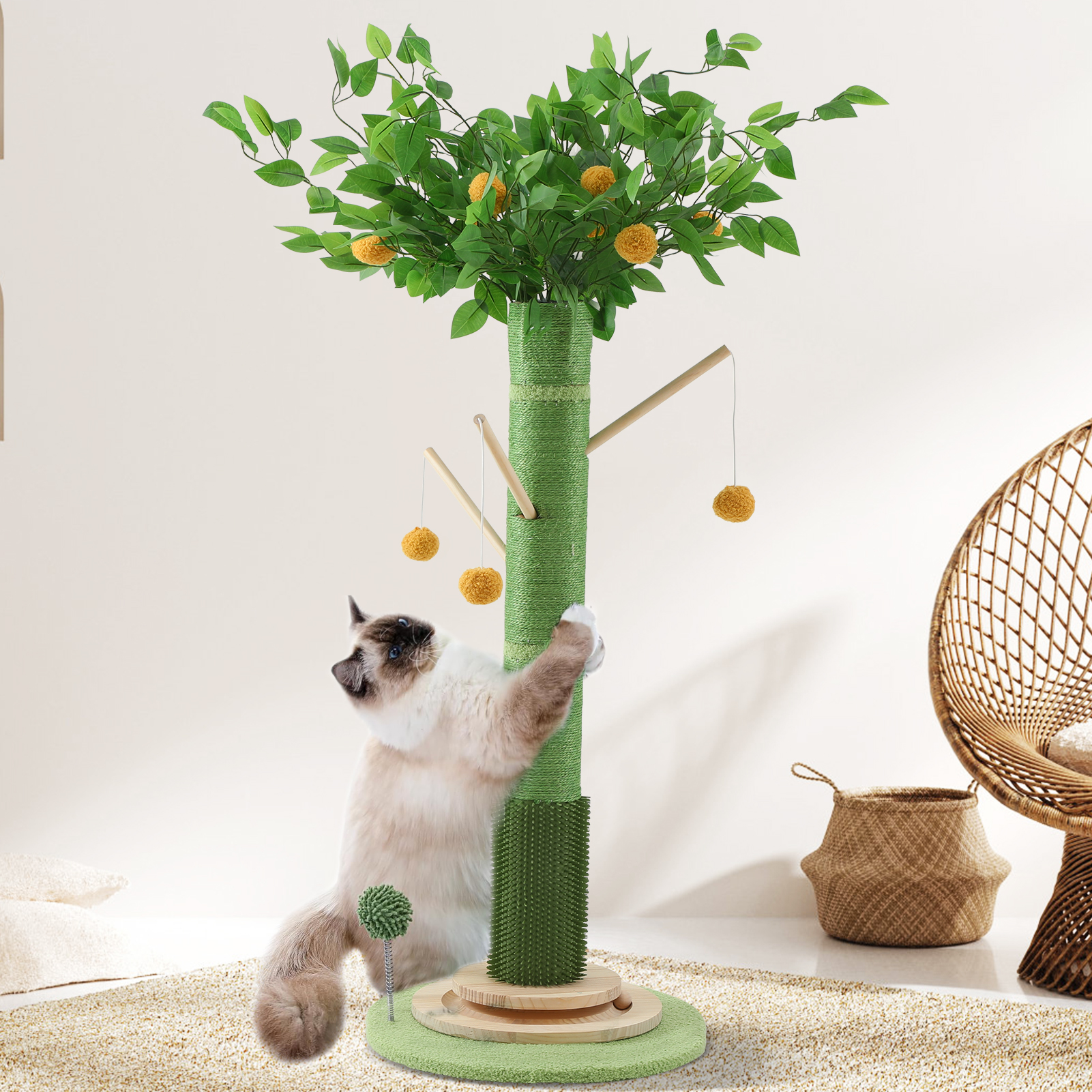 45'' Tall Sisal Cat Tree Scratching Post with Interactive Ball and Rotating Ball Self Groomer Brush