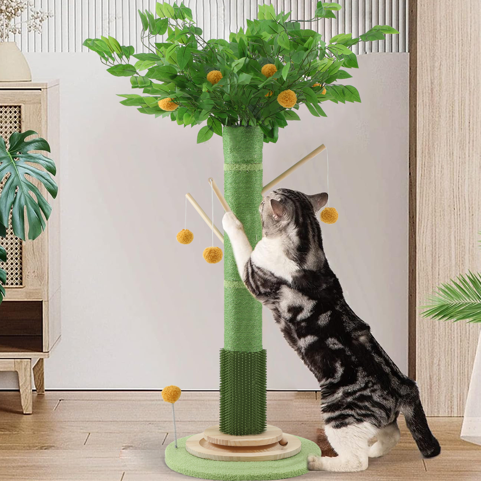 45'' Tall Sisal Cat Tree Scratching Post with Interactive Ball and Rotating Ball Self Groomer Brush