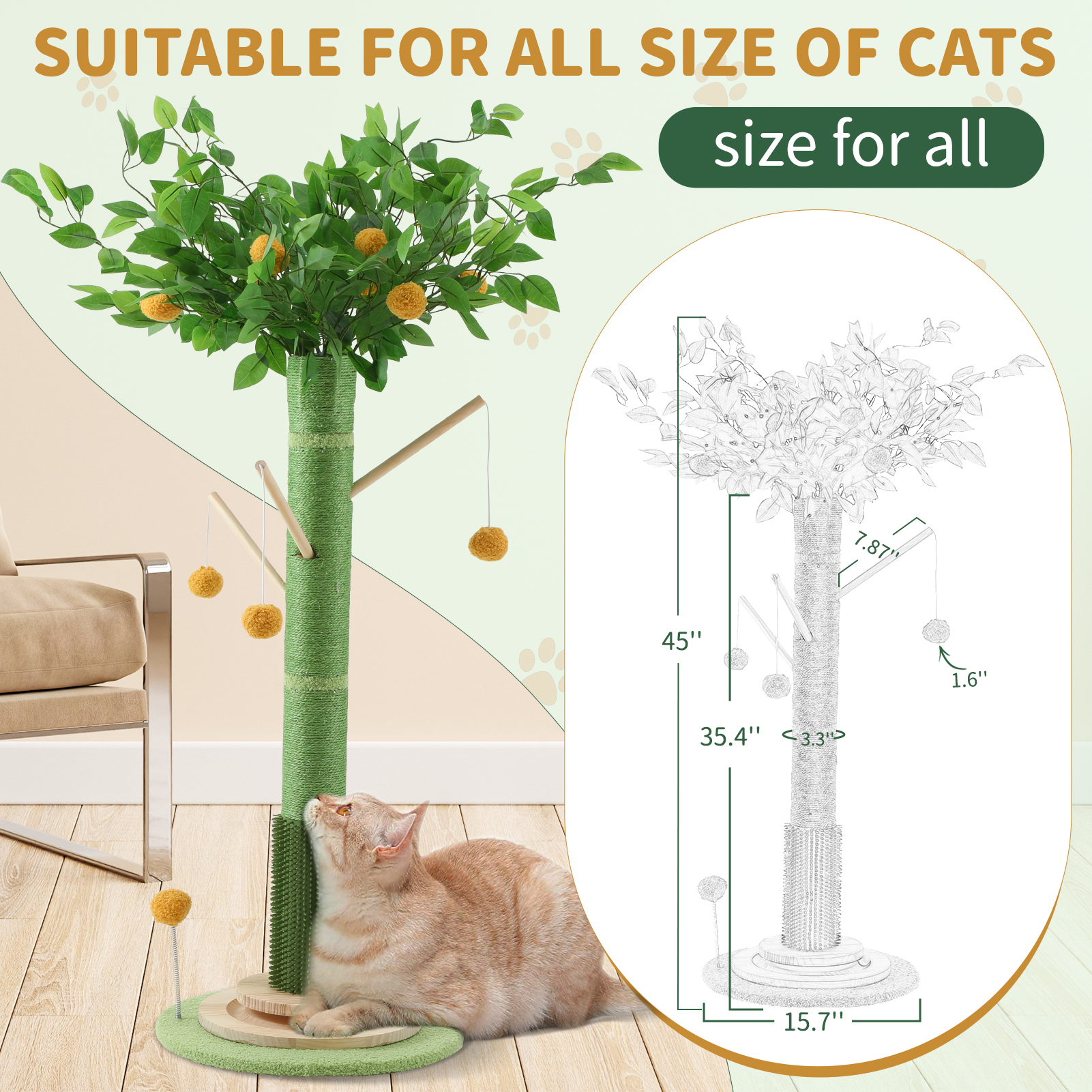 45'' Tall Sisal Cat Tree Scratching Post with Interactive Ball and Rotating Ball Self Groomer Brush