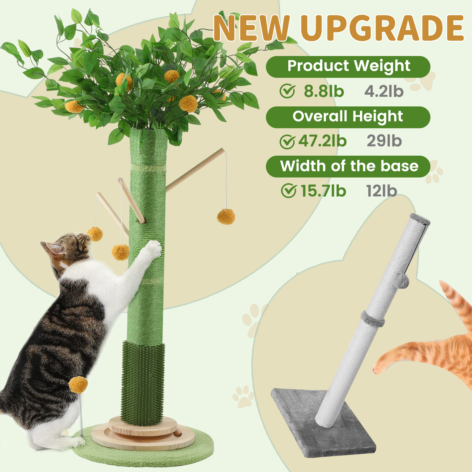 45'' Tall Sisal Cat Tree Scratching Post with Interactive Ball and Rotating Ball Self Groomer Brush