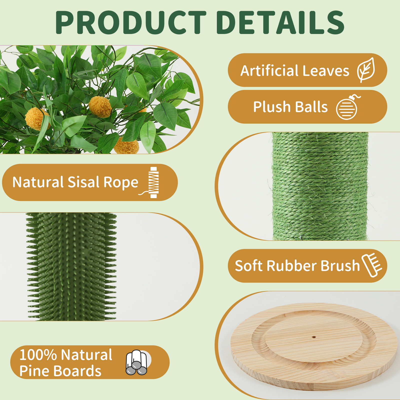 45'' Tall Sisal Cat Tree Scratching Post with Interactive Ball and Rotating Ball Self Groomer Brush