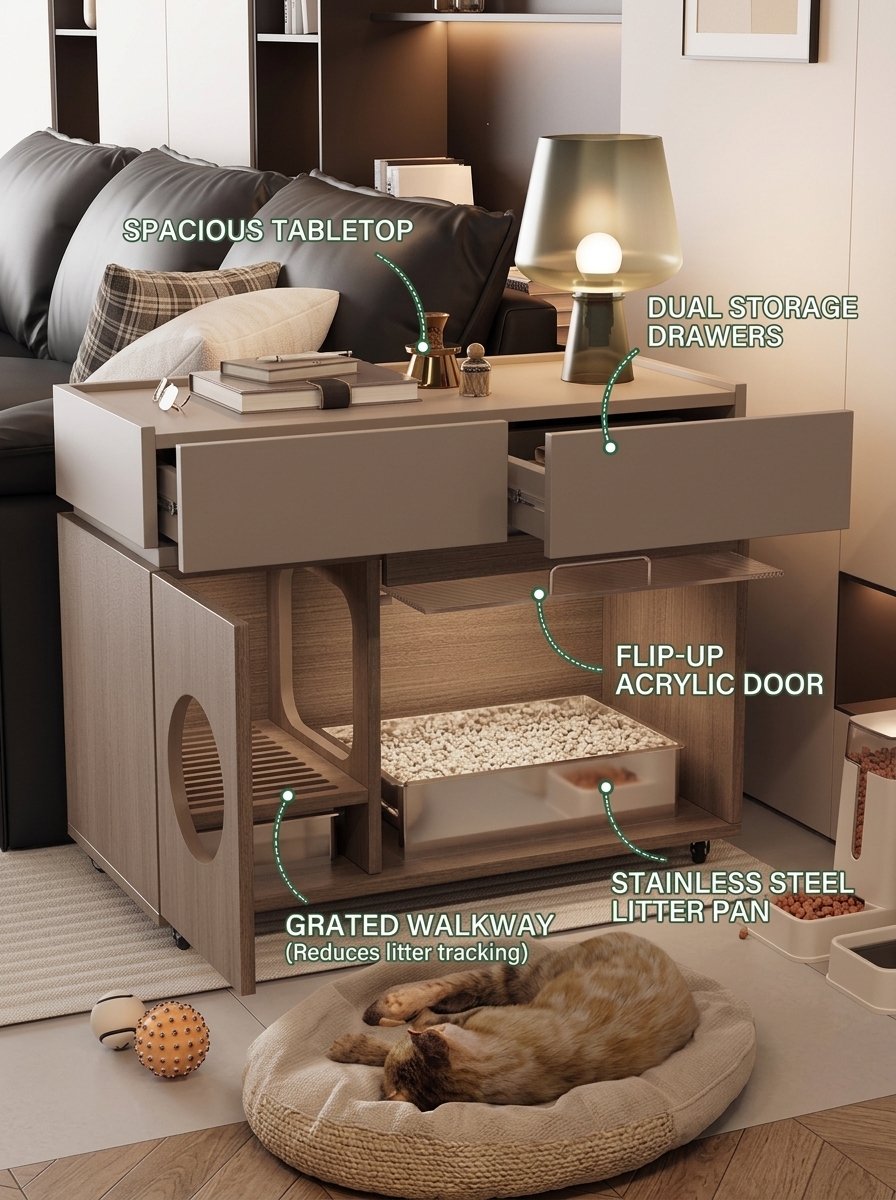 Modern Italian Style Cat Litter Box Cabinet | Hidden Cat Litter Furniture Side Table with Storage