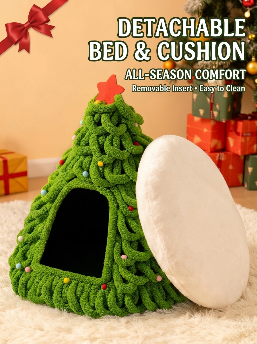 Christmas Tree Felt Cat Cave Bed Cat Christmas Tree– Cozy Enclosed Cat House for Winter