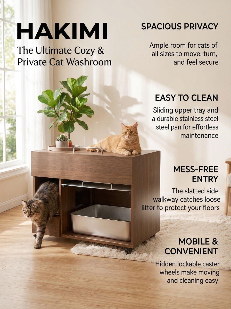 Modern Cat Litter Cabinet with Storage– Multi-Level Wooden Litter Box Enclosure