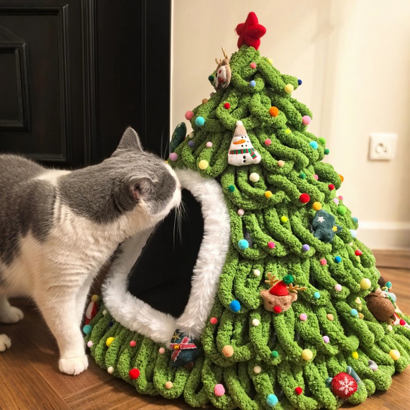 Christmas Tree Felt Cat Cave Bed Cat Christmas Tree– Cozy Enclosed Cat House for Winter