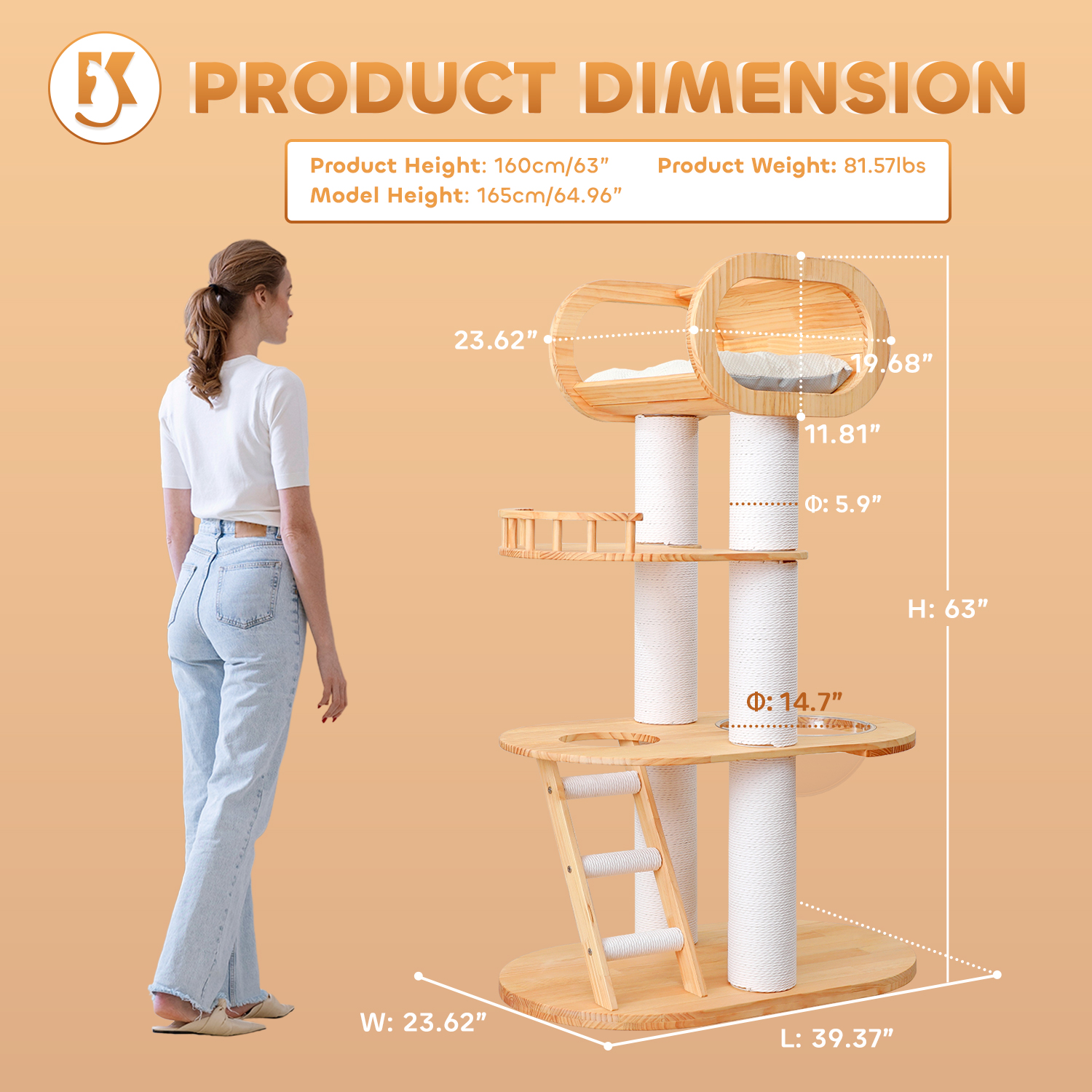 63'' Tall Solid Wood Cat Tree Tower