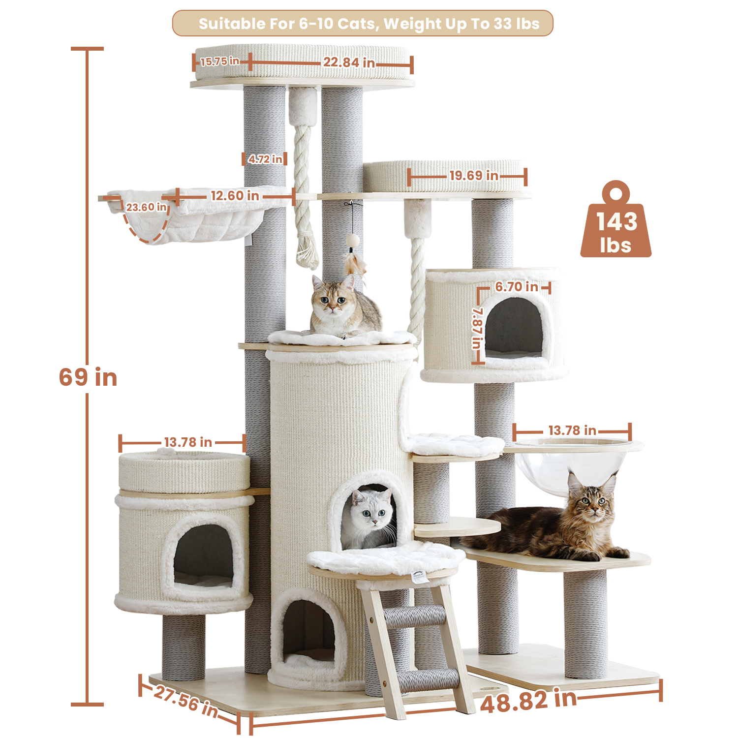 63'' HLarge Solid Wood Cat Tree