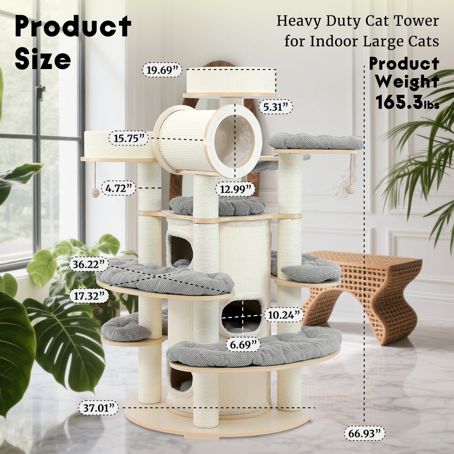 66"Solid wood large cat tower