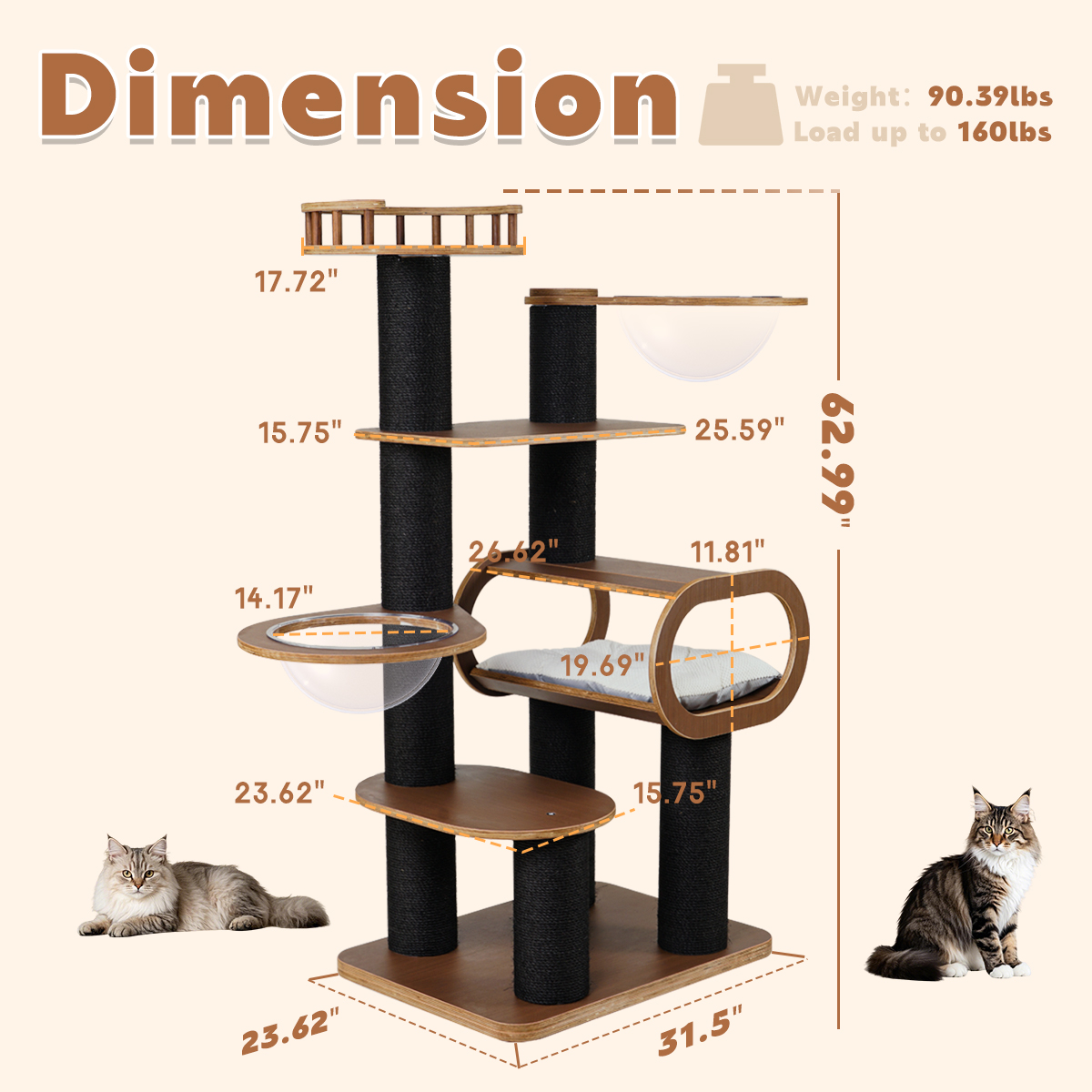 62"Solid Wood Cat Tree