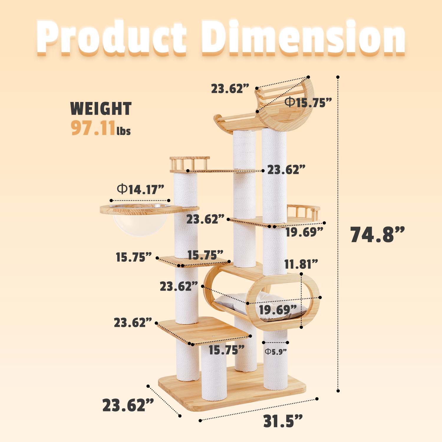 74" Pine Solid Wood Cat Tree