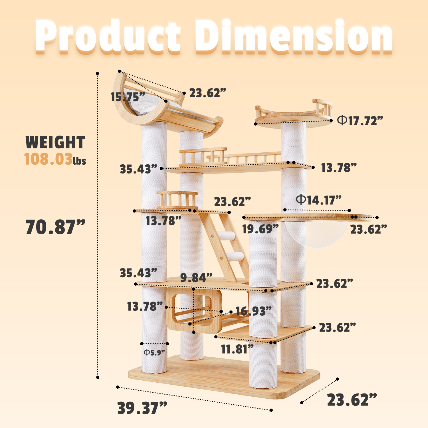 70.87"Deluxe Pine Solid Wood Cat Tree