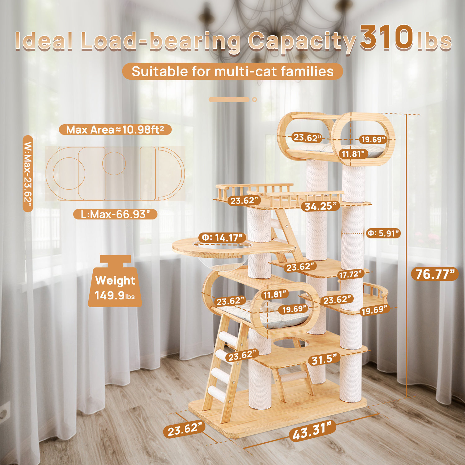 76.7 H Large Solid Wood Cat Tree