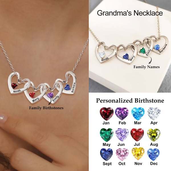 Personalized Heart Name Birthstone Necklace For Mom Grandma