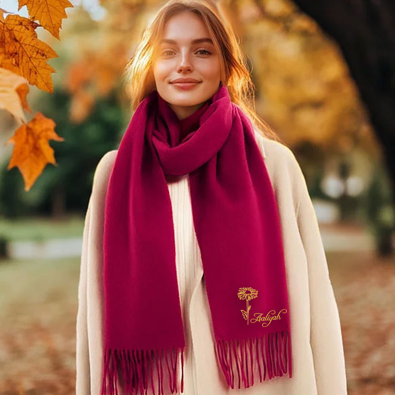 Personalized Super Soft Warm Scarf with Birth Flower and Text