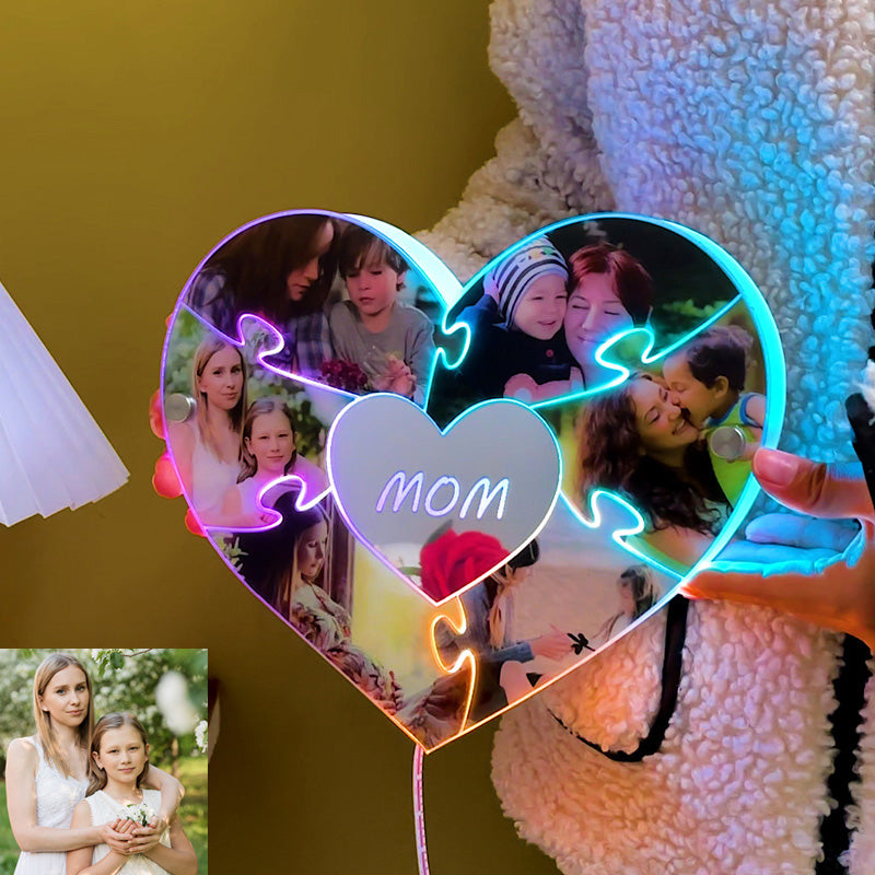 Personalised Heart Photo Puzzle Mirror Light - Mother's Day Gift