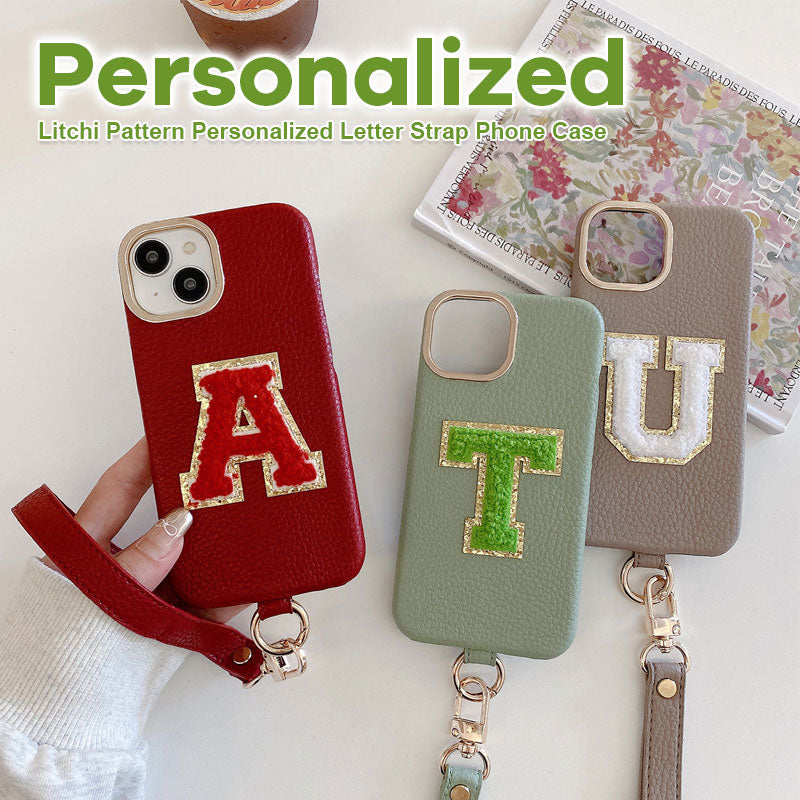Litchi Pattern Personalized Letter Strap Phone Case