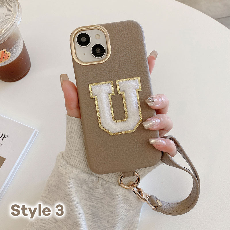 Litchi Pattern Personalized Letter Strap Phone Case