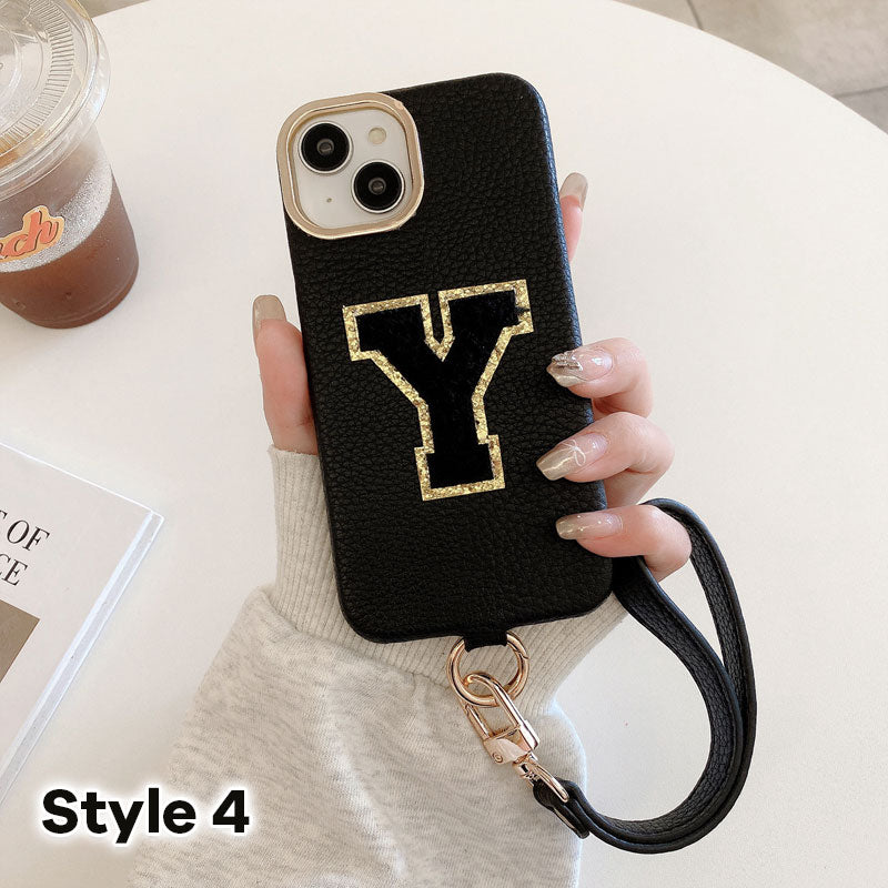 Litchi Pattern Personalized Letter Strap Phone Case
