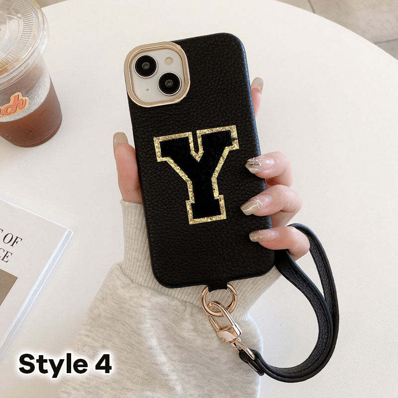 Litchi Pattern Personalized Letter Strap Phone Case