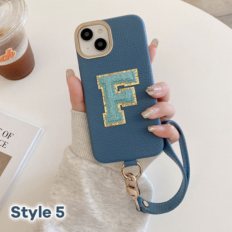 Litchi Pattern Personalized Letter Strap Phone Case