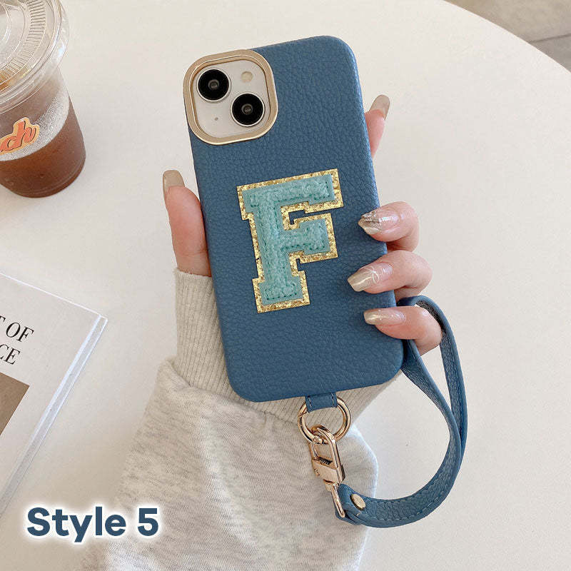 Litchi Pattern Personalized Letter Strap Phone Case