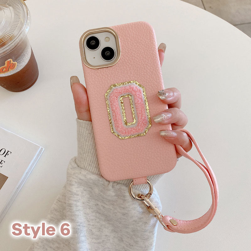 Litchi Pattern Personalized Letter Strap Phone Case