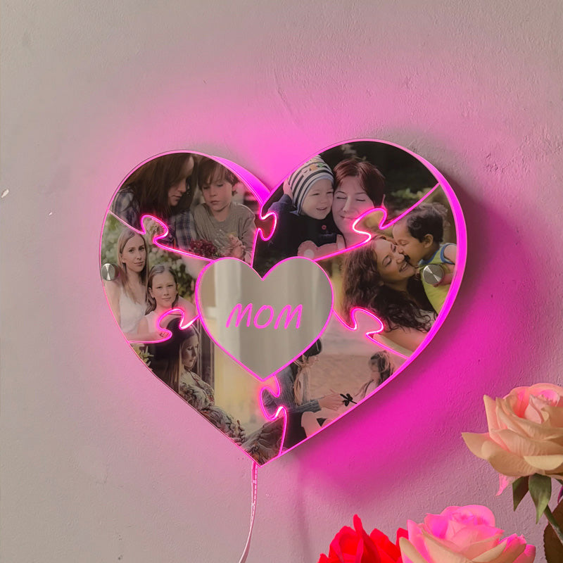 Personalised Heart Photo Puzzle Mirror Light - Mother's Day Gift