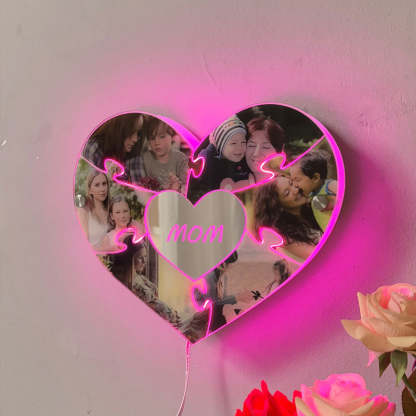 Personalised Heart Photo Puzzle Mirror Light - Mother's Day Gift