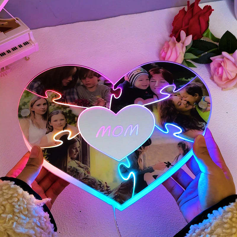 Personalised Heart Photo Puzzle Mirror Light - Mother's Day Gift