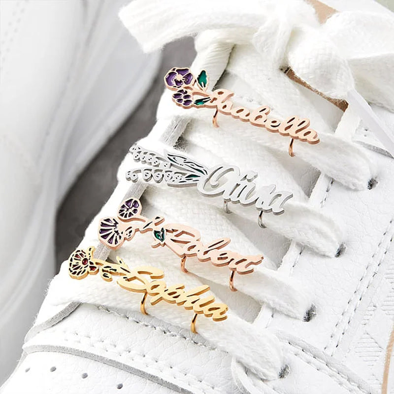 Personalized Watercolor Birth Flower Shoelace Charms Shoe Buckles with Name